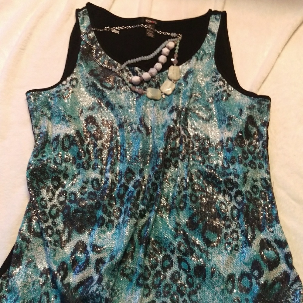 Style & Co Teal /Turquoise Black Sequin Tank Top